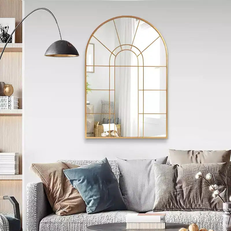 Dovelina 41W x 28W Arched Window Pane Mirror Decorative Wall Mirror with Metal Frame for Living Room Entryway Bedroom Black/Gold