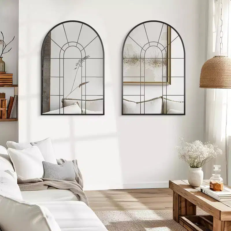 Dovelina 41W x 28W Arched Window Pane Mirror Decorative Wall Mirror with Metal Frame for Living Room Entryway Bedroom Black/Gold