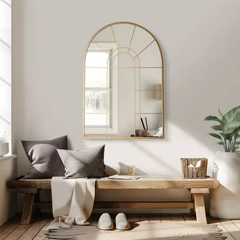 Dovelina 41W x 28W Arched Window Pane Mirror Decorative Wall Mirror with Metal Frame for Living Room Entryway Bedroom Black/Gold