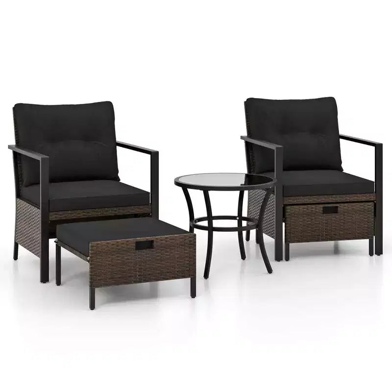 Ensemble de meubles d'extérieur Costway 5 pièces chaises et poufs en rotin avec table basse en verre blanc cassé/noir/bleu marine/gris