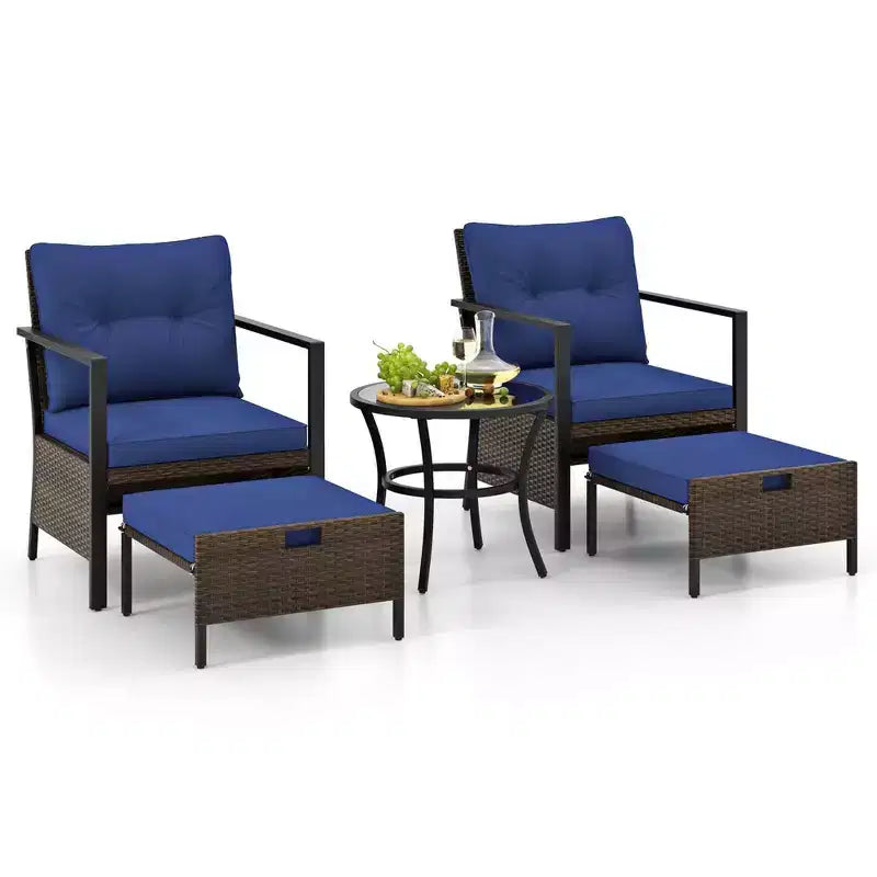Ensemble de meubles d'extérieur Costway 5 pièces chaises et poufs en rotin avec table basse en verre blanc cassé/noir/bleu marine/gris