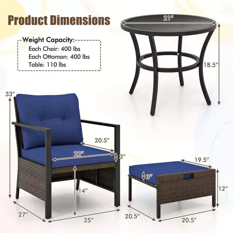 Ensemble de meubles d'extérieur Costway 5 pièces chaises et poufs en rotin avec table basse en verre blanc cassé/noir/bleu marine/gris