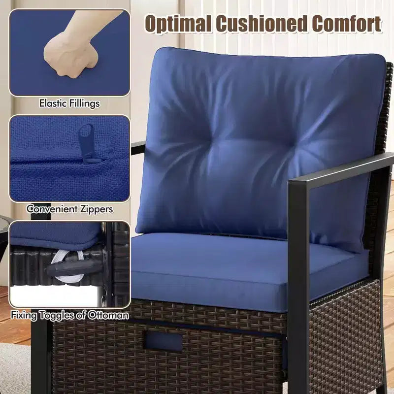 Ensemble de meubles d'extérieur Costway 5 pièces chaises et poufs en rotin avec table basse en verre blanc cassé/noir/bleu marine/gris