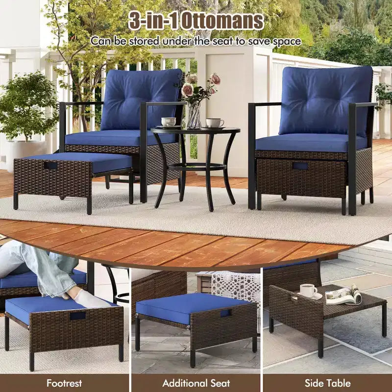 Ensemble de meubles d'extérieur Costway 5 pièces chaises et poufs en rotin avec table basse en verre blanc cassé/noir/bleu marine/gris