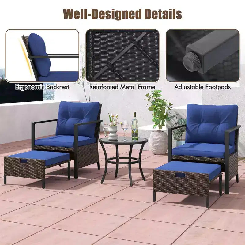 Ensemble de meubles d'extérieur Costway 5 pièces chaises et poufs en rotin avec table basse en verre blanc cassé/noir/bleu marine/gris