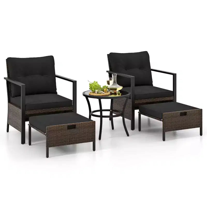 Ensemble de meubles d'extérieur Costway 5 pièces chaises et poufs en rotin avec table basse en verre blanc cassé/noir/bleu marine/gris
