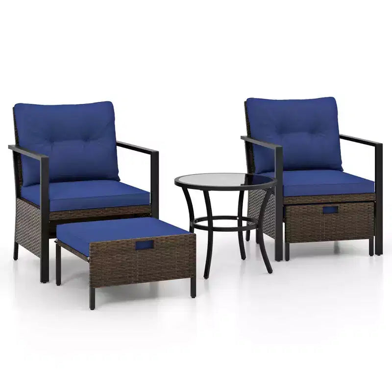 Ensemble de meubles d'extérieur Costway 5 pièces chaises et poufs en rotin avec table basse en verre blanc cassé/noir/bleu marine/gris