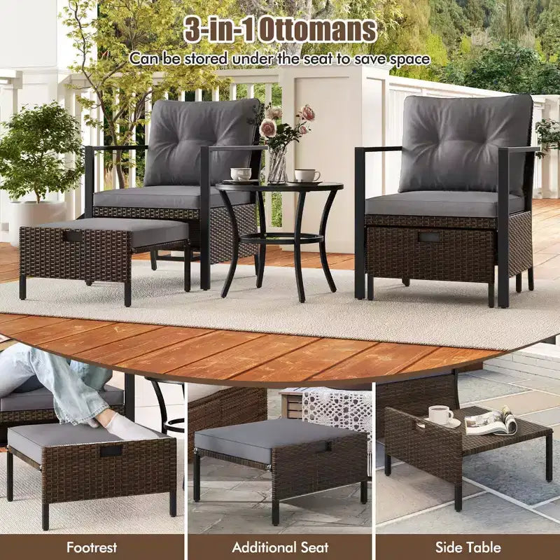 Ensemble de meubles d'extérieur Costway 5 pièces chaises et poufs en rotin avec table basse en verre blanc cassé/noir/bleu marine/gris
