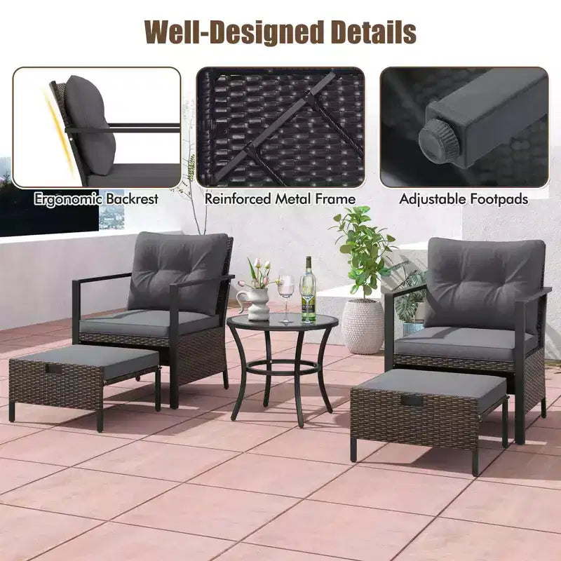 Ensemble de meubles d'extérieur Costway 5 pièces chaises et poufs en rotin avec table basse en verre blanc cassé/noir/bleu marine/gris