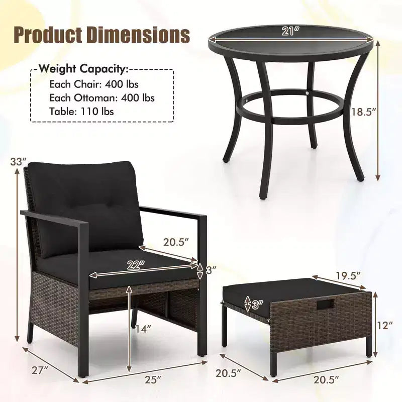 Ensemble de meubles d'extérieur Costway 5 pièces chaises et poufs en rotin avec table basse en verre blanc cassé/noir/bleu marine/gris