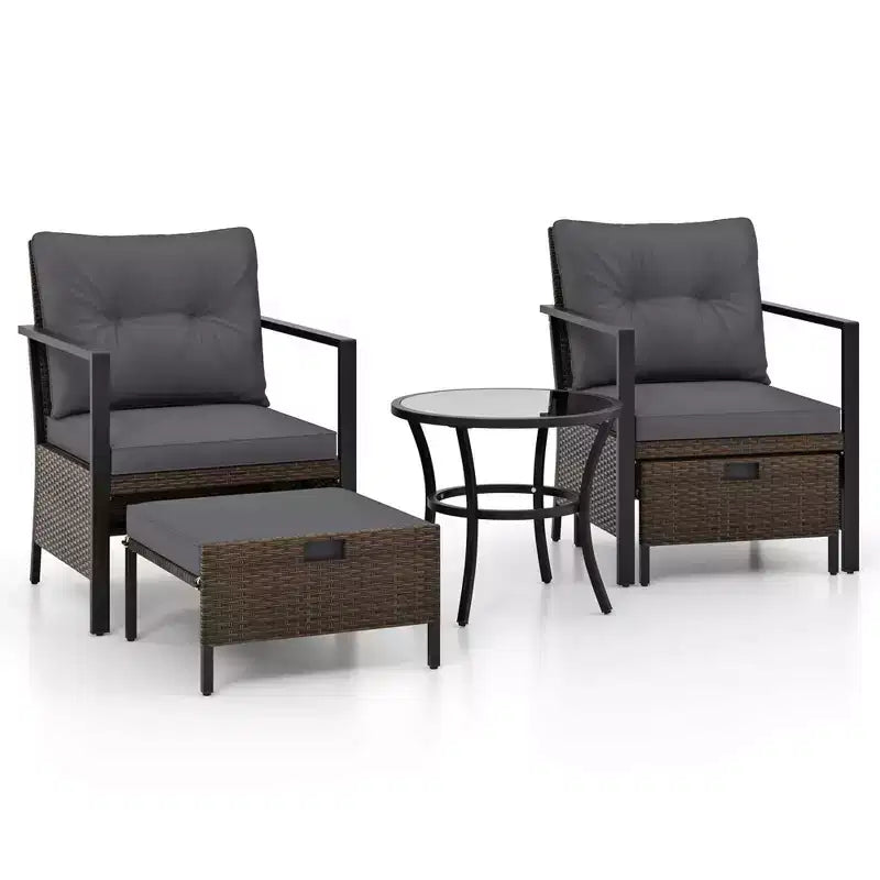 Ensemble de meubles d'extérieur Costway 5 pièces chaises et poufs en rotin avec table basse en verre blanc cassé/noir/bleu marine/gris