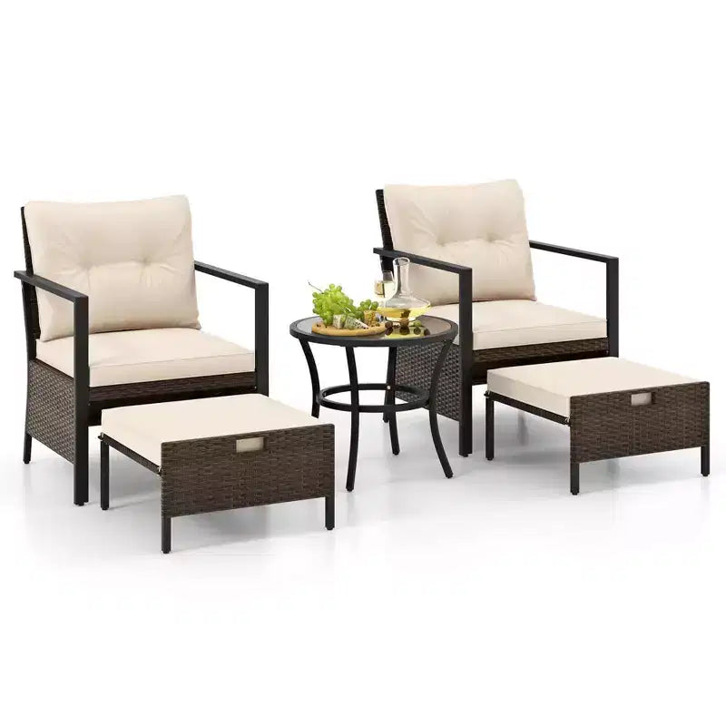 Ensemble de meubles d'extérieur Costway 5 pièces chaises et poufs en rotin avec table basse en verre blanc cassé/noir/bleu marine/gris
