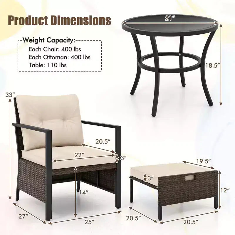 Ensemble de meubles d'extérieur Costway 5 pièces chaises et poufs en rotin avec table basse en verre blanc cassé/noir/bleu marine/gris