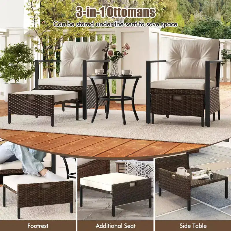 Ensemble de meubles d'extérieur Costway 5 pièces chaises et poufs en rotin avec table basse en verre blanc cassé/noir/bleu marine/gris