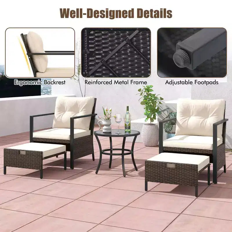 Ensemble de meubles d'extérieur Costway 5 pièces chaises et poufs en rotin avec table basse en verre blanc cassé/noir/bleu marine/gris