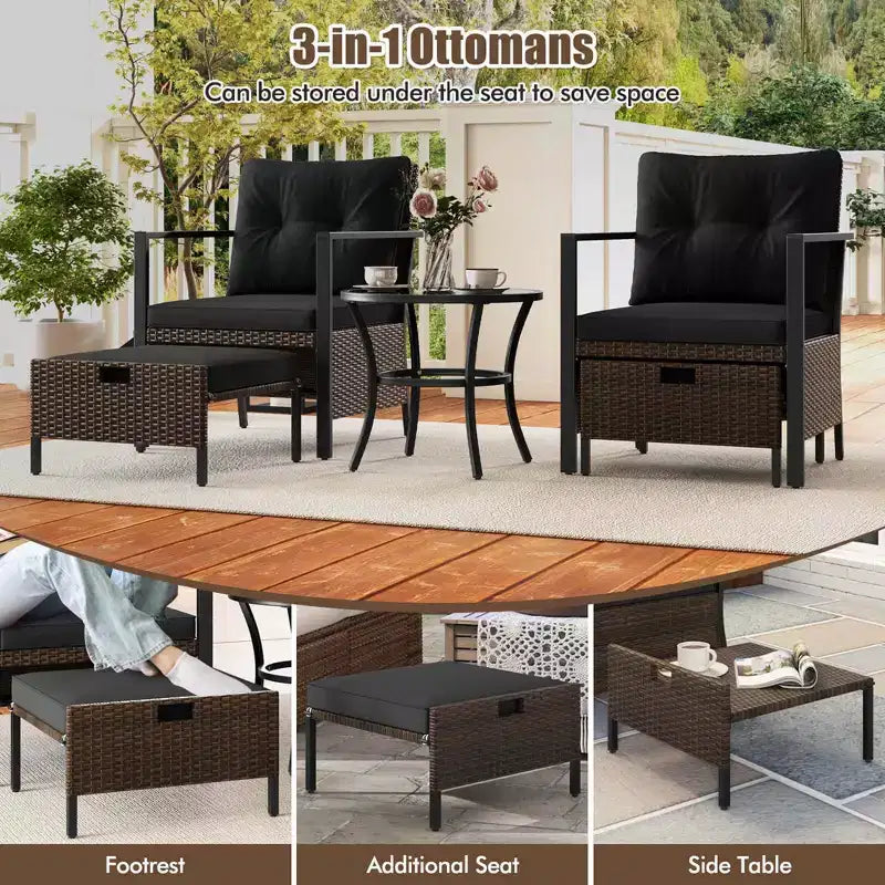 Ensemble de meubles d'extérieur Costway 5 pièces chaises et poufs en rotin avec table basse en verre blanc cassé/noir/bleu marine/gris