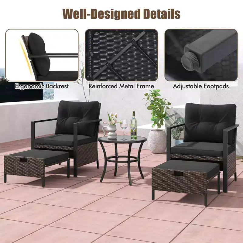 Ensemble de meubles d'extérieur Costway 5 pièces chaises et poufs en rotin avec table basse en verre blanc cassé/noir/bleu marine/gris