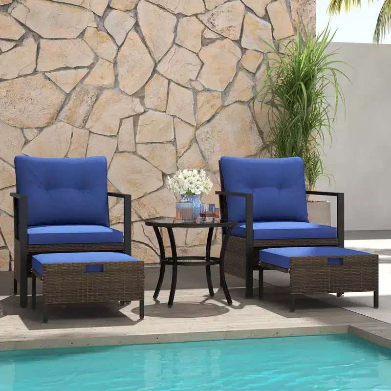 Ensemble de meubles d'extérieur Costway 5 pièces chaises et poufs en rotin avec table basse en verre blanc cassé/noir/bleu marine/gris