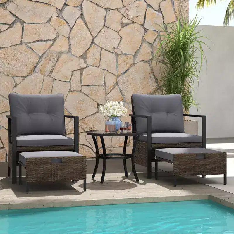 Ensemble de meubles d'extérieur Costway 5 pièces chaises et poufs en rotin avec table basse en verre blanc cassé/noir/bleu marine/gris