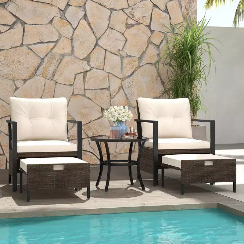 Ensemble de meubles d'extérieur Costway 5 pièces chaises et poufs en rotin avec table basse en verre blanc cassé/noir/bleu marine/gris