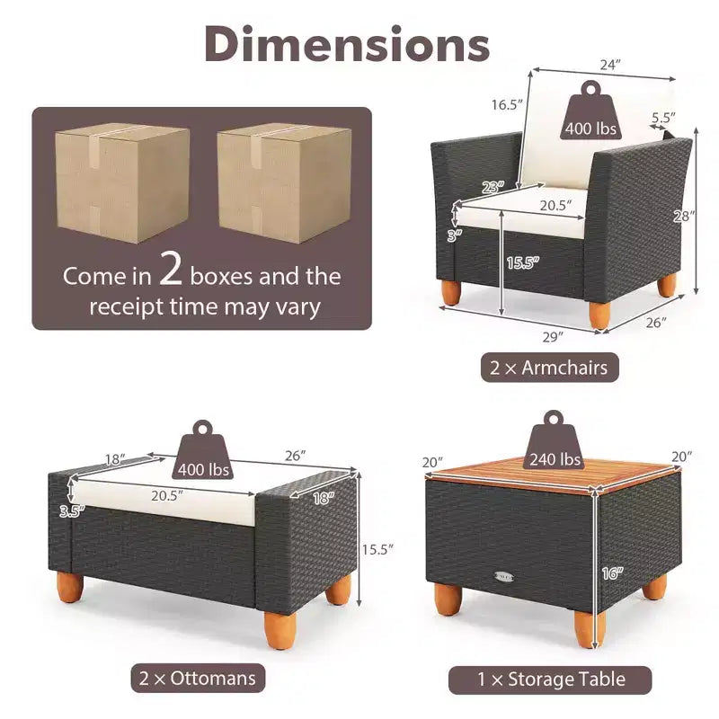 Ensemble de mobilier de patio Costway 5 pièces avec table de rangement, poufs, oreillers et coussins moelleux