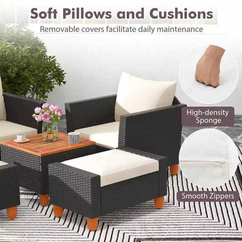 Ensemble de mobilier de patio Costway 5 pièces avec table de rangement, poufs, oreillers et coussins moelleux