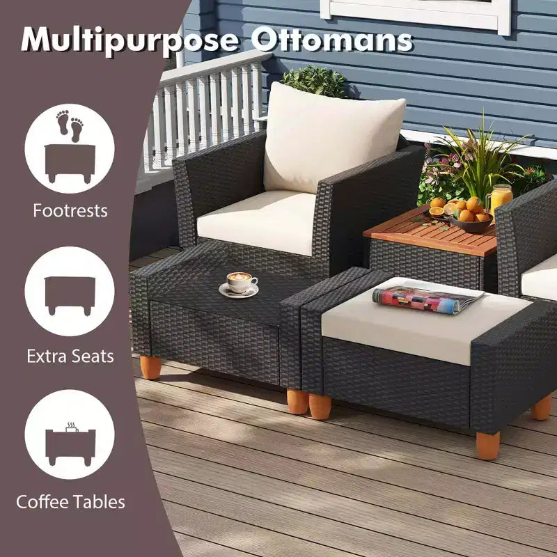 Ensemble de mobilier de patio Costway 5 pièces avec table de rangement, poufs, oreillers et coussins moelleux