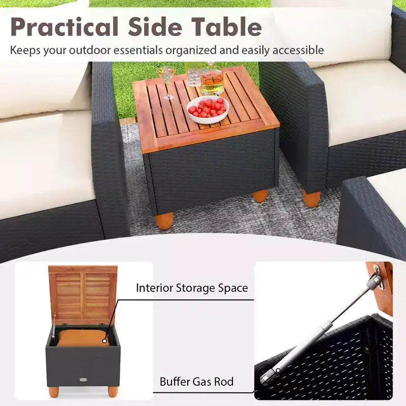 Ensemble de mobilier de patio Costway 5 pièces avec table de rangement, poufs, oreillers et coussins moelleux