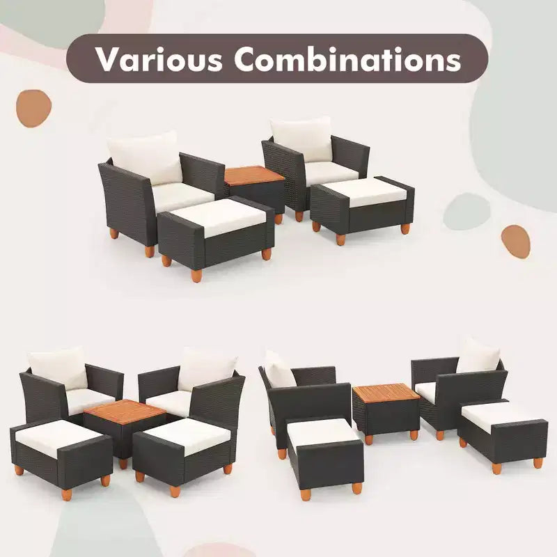 Ensemble de mobilier de patio Costway 5 pièces avec table de rangement, poufs, oreillers et coussins moelleux