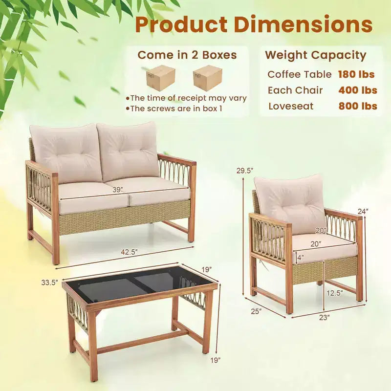 Ensemble de mobilier de patio Costway 4 pièces avec cadre en bois d'acacia, coussins et table basse
