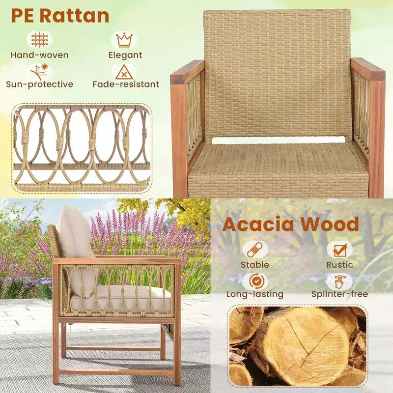 Ensemble de mobilier de patio Costway 4 pièces avec cadre en bois d'acacia, coussins et table basse