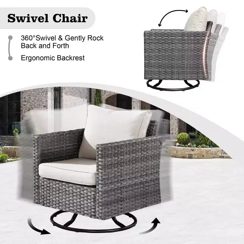 Ovios Venise Salon de jardin 11 pièces en osier avec brasero métallique, fauteuils pivotants et coussins