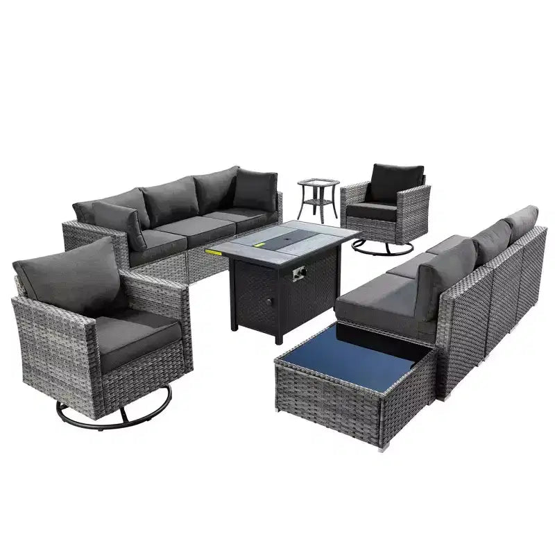Ovios Venise Salon de jardin 11 pièces en osier avec brasero métallique, fauteuils pivotants et coussins