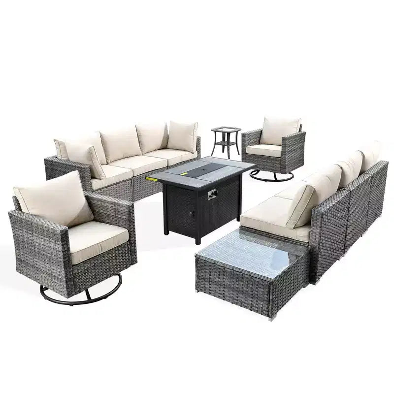 Ovios Venise Salon de jardin 11 pièces en osier avec brasero métallique, fauteuils pivotants et coussins