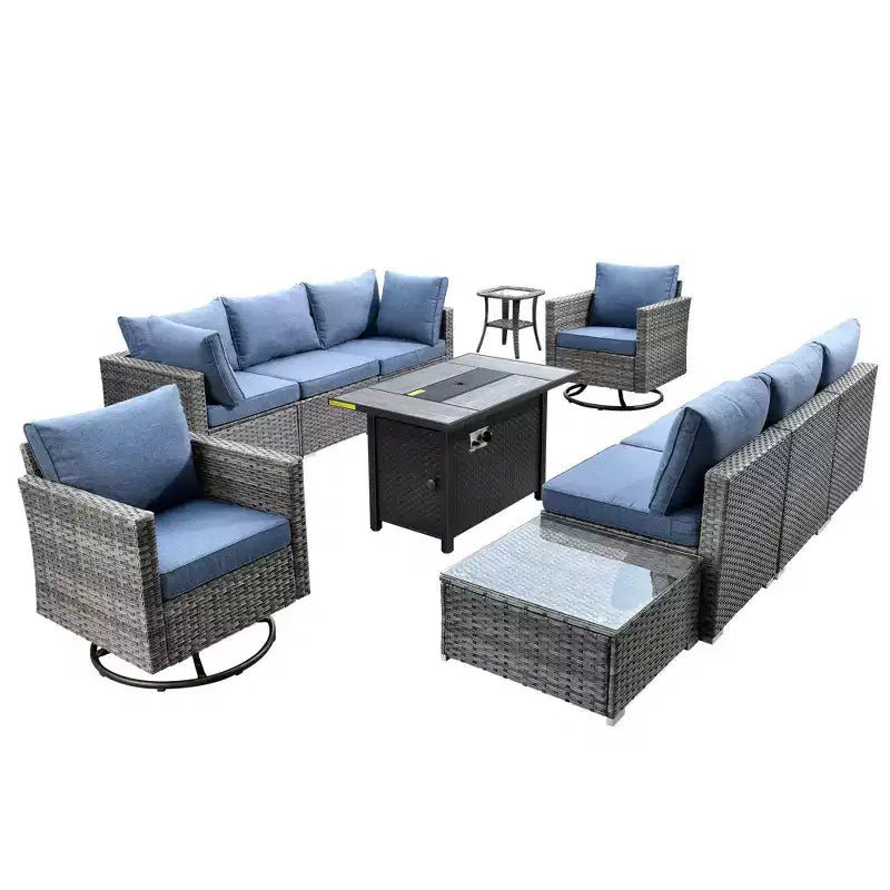 Ovios Venise Salon de jardin 11 pièces en osier avec brasero métallique, fauteuils pivotants et coussins