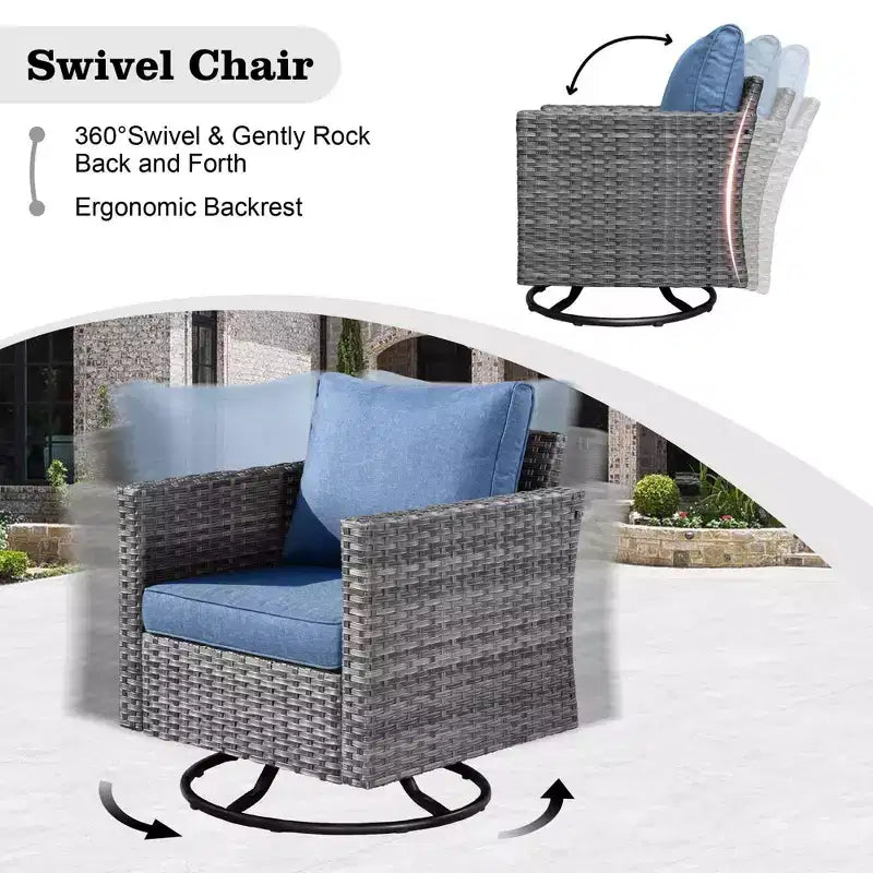 Ovios Venise Salon de jardin 11 pièces en osier avec brasero métallique, fauteuils pivotants et coussins
