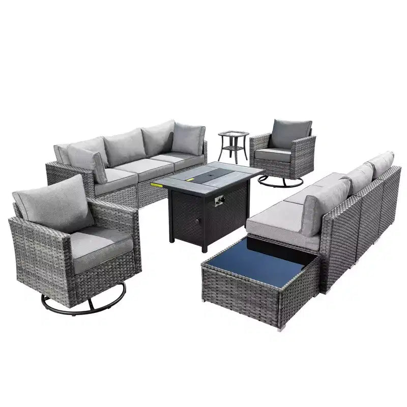 Ovios Venise Salon de jardin 11 pièces en osier avec brasero métallique, fauteuils pivotants et coussins