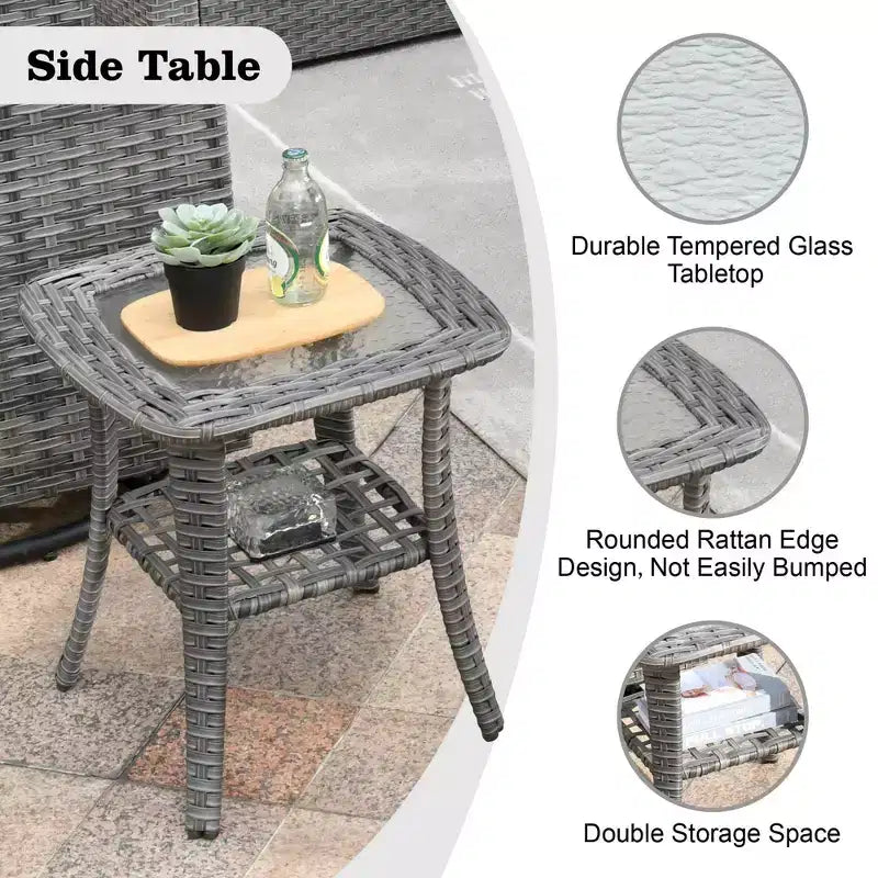Ovios Venise Salon de jardin 11 pièces en osier avec brasero métallique, fauteuils pivotants et coussins