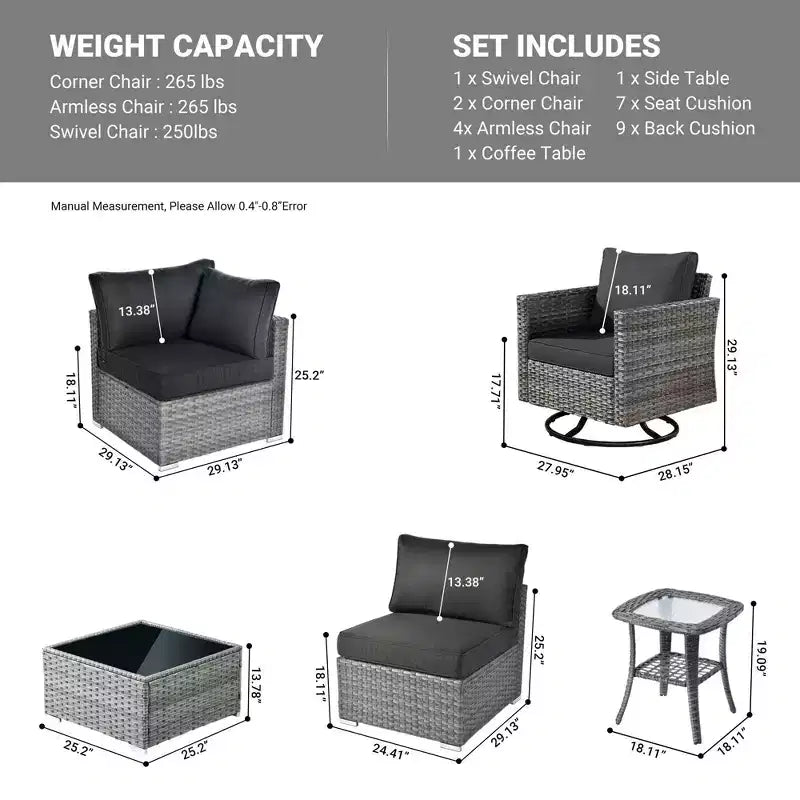 Ovios Venise Salon de jardin 9 pièces en osier avec canapé sectionnel, fauteuil pivotant et coussins