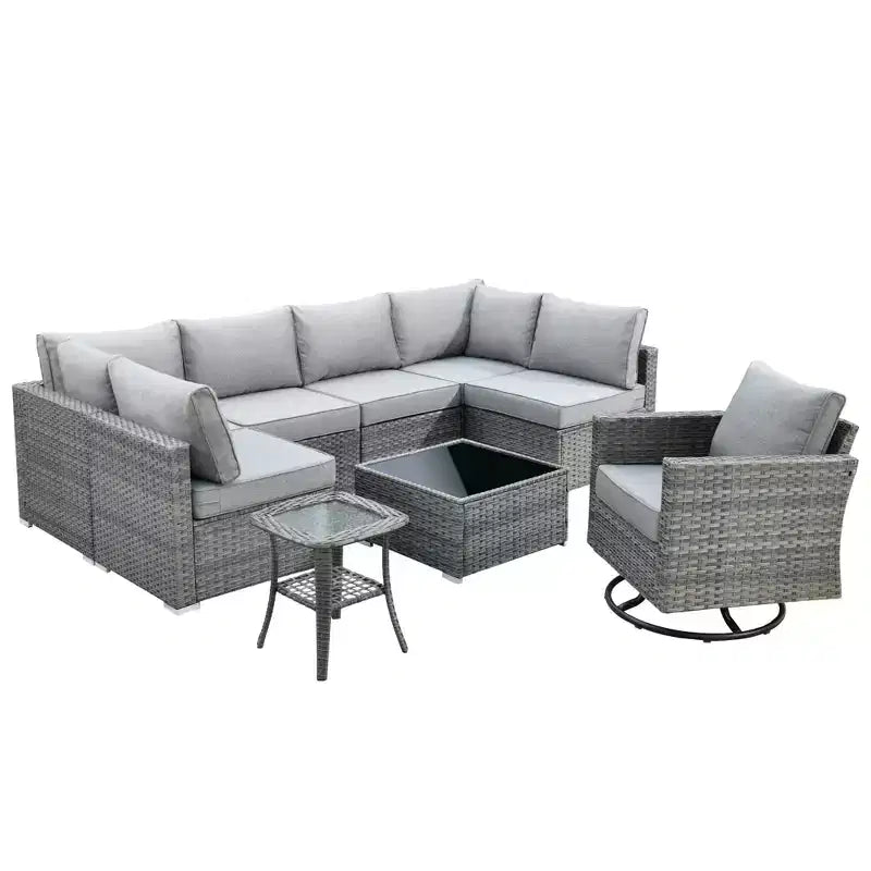 Ovios Venise Salon de jardin 9 pièces en osier avec canapé sectionnel, fauteuil pivotant et coussins