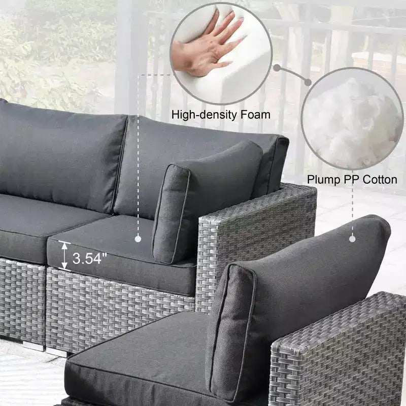 Ovios Venise Salon de jardin 9 pièces en osier avec canapé sectionnel, fauteuil pivotant et coussins