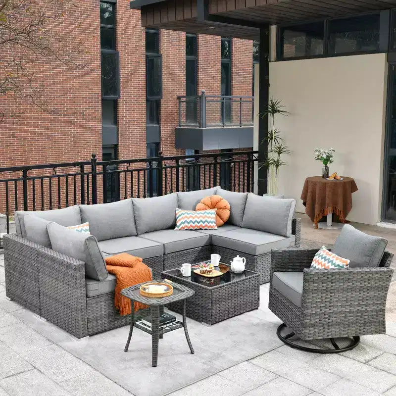 Ovios Venise Salon de jardin 9 pièces en osier avec canapé sectionnel, fauteuil pivotant et coussins