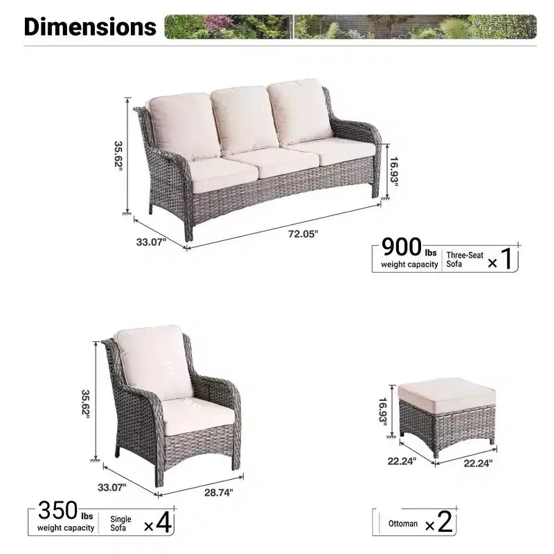 Ensemble de conversation 7 pièces Ovios Orlando en rotin gris pour patio extérieur avec coussins