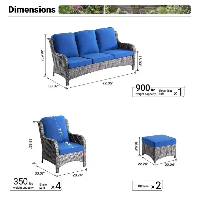 Ensemble de conversation 7 pièces Ovios Orlando en rotin gris pour patio extérieur avec coussins