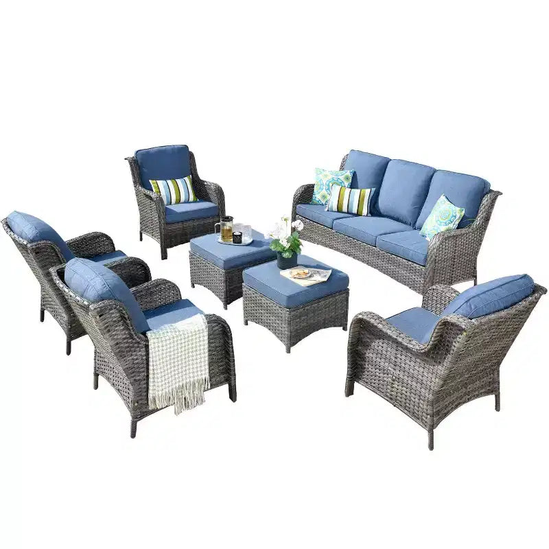 Ensemble de conversation 7 pièces Ovios Orlando en rotin gris pour patio extérieur avec coussins