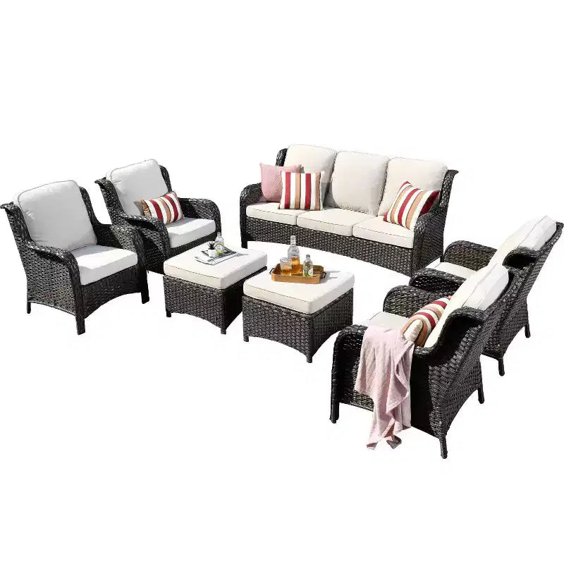 Ensemble de conversation 7 pièces Ovios Orlando en rotin gris pour patio extérieur avec coussins