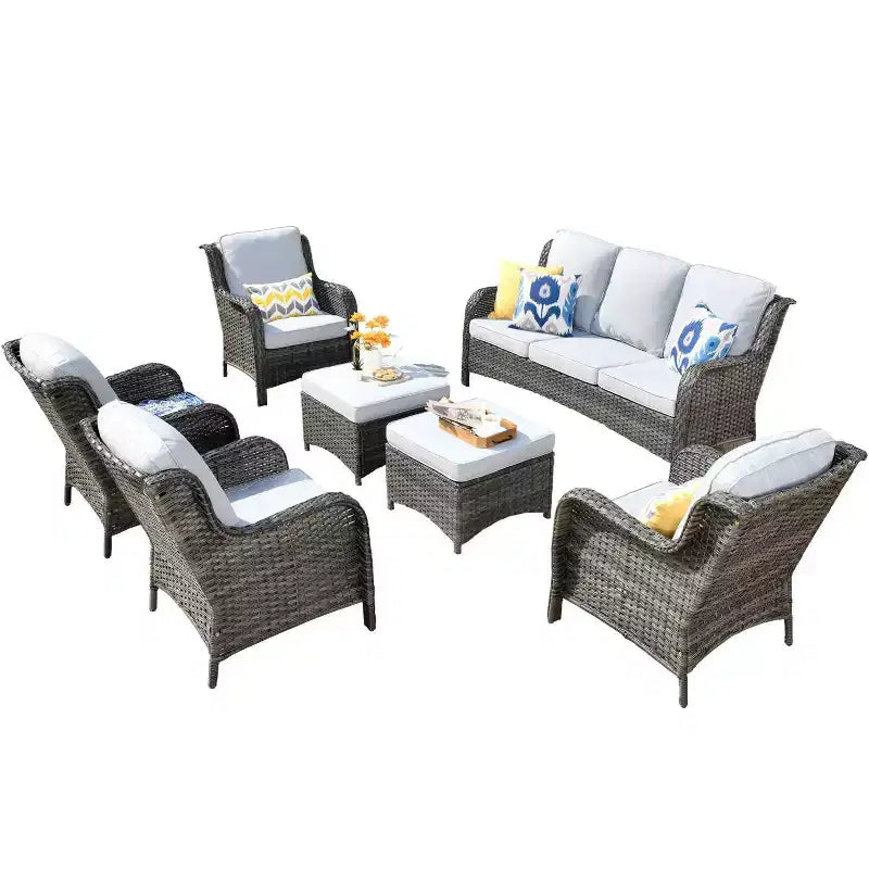 Ensemble de conversation 7 pièces Ovios Orlando en rotin gris pour patio extérieur avec coussins