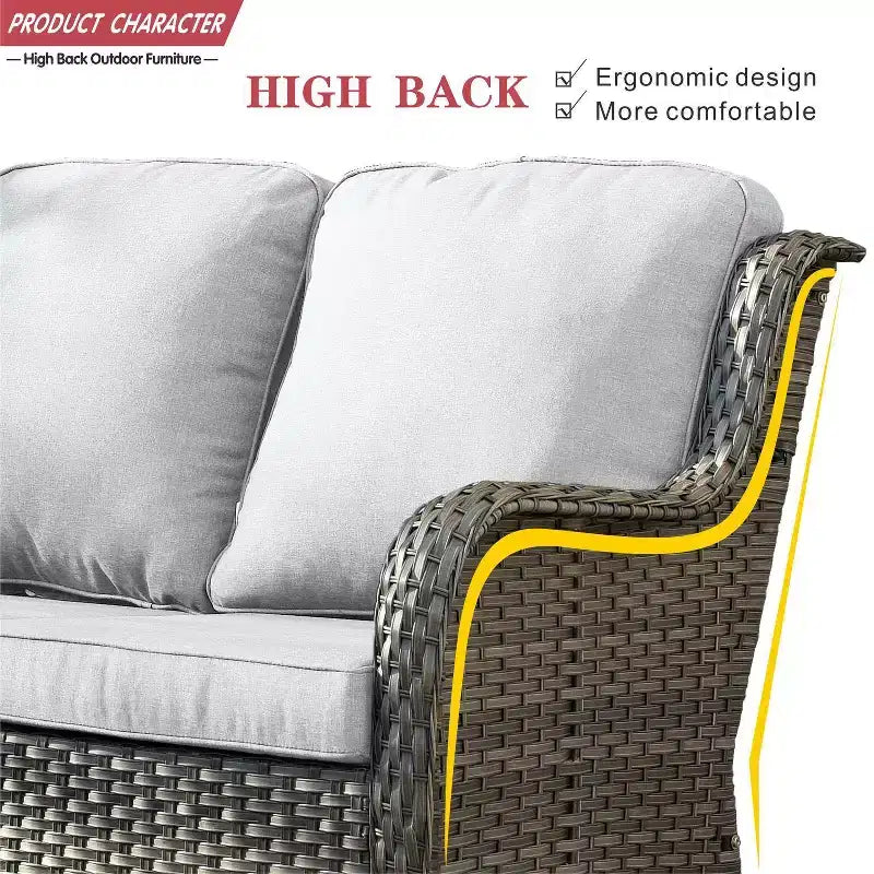 Ensemble de conversation 7 pièces Ovios Orlando en rotin gris pour patio extérieur avec coussins