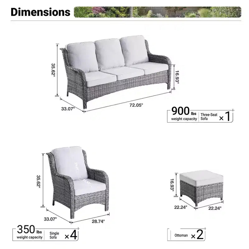 Ensemble de conversation 7 pièces Ovios Orlando en rotin gris pour patio extérieur avec coussins